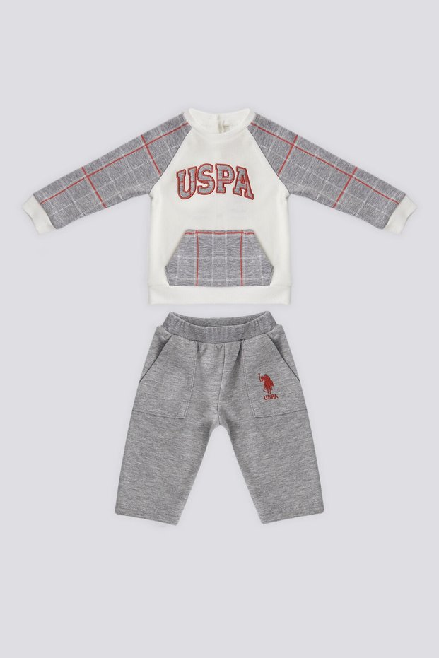U.S. Polo Assn Cream Kangaroo Pocket Plaid Detail Baby 2 Piece Set