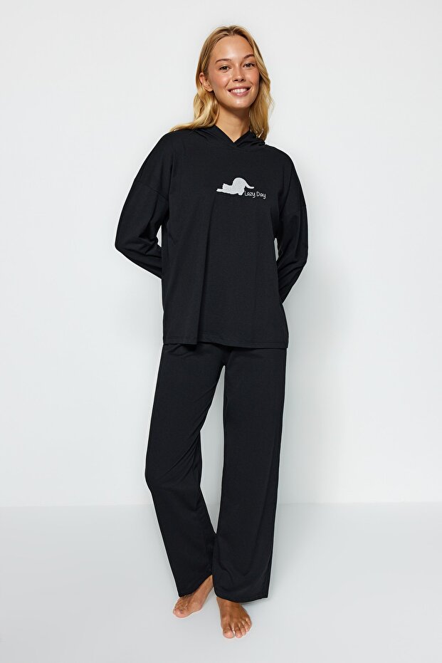Siyah Kedi Baskılı Sweatshirt-Pantolon Örme Pijama Takımı THMAW24PT00044 - 4