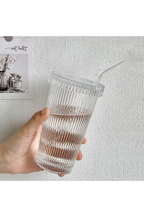 2 Adet 600 Ml CAM Origami Stil Kapaklı Cam Pipetli Bardak Soğuk Kahve Meşrubat Bardağı - 1