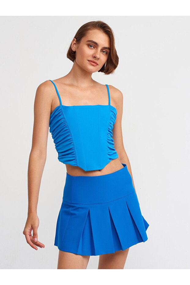 20129 Gathered Detailed Strappy Crop Top-Blue