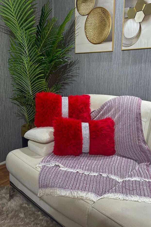 غطاء وسادة قطيفة مخطط مستطيل - أحمر - 1