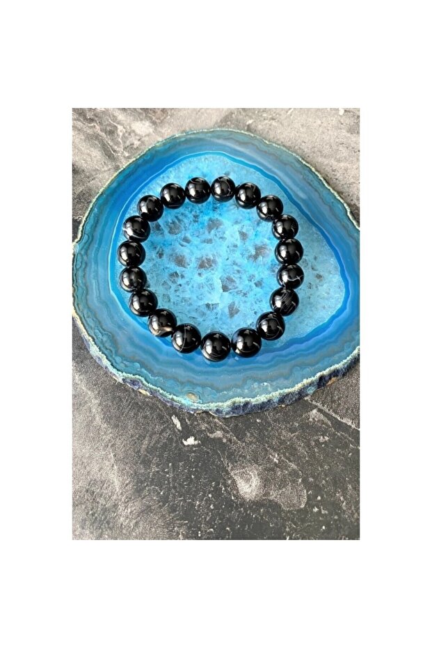 Black Agate Natural Stone Bracelet 8 mm Flexible Fish Tape