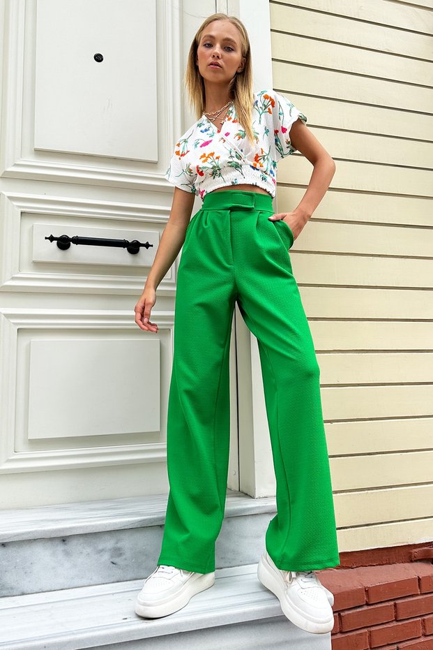 Green High Waist and Velcro Closure Double Pocket Women's Palazzo Trousers - Alc-X10753