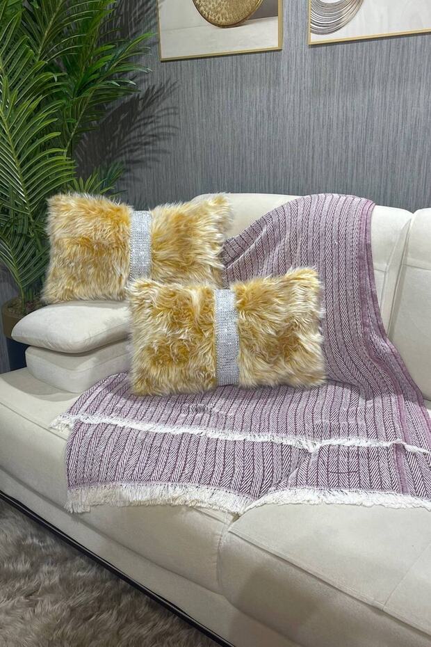 Plush Striped Throw Pillow Cover Rectangular - Mustard