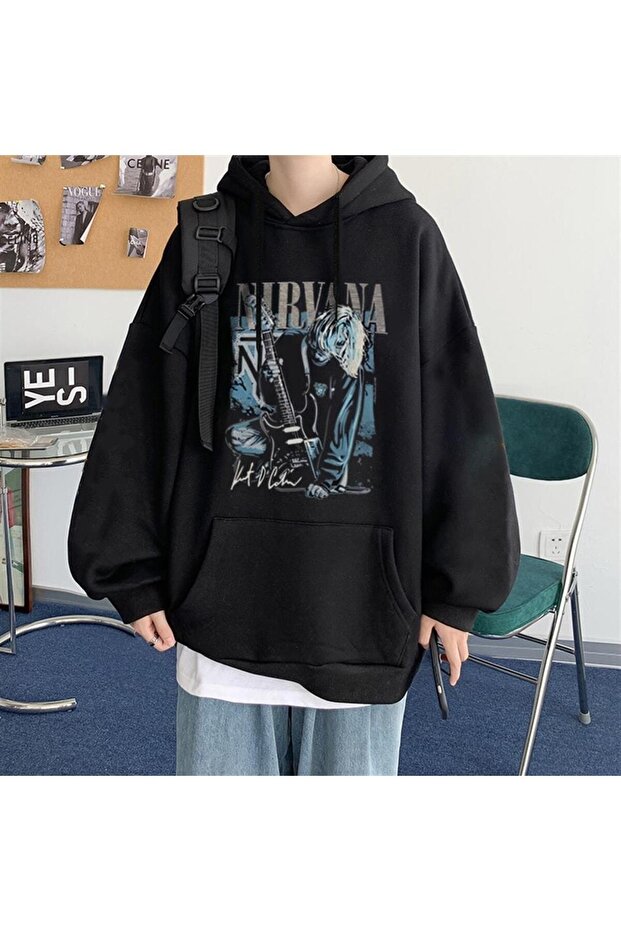 سويت شيرت بقلنسوة مقاس كبير للجنسين مطبوع عليه ملصق Thump Thump Nirvana باللون الأسود
