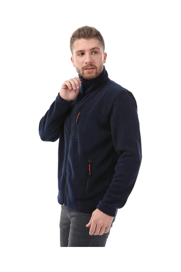 Unisex Navy Blue Bato Collar Full Zip 3 Pocket Outdoor Fleece Jacket