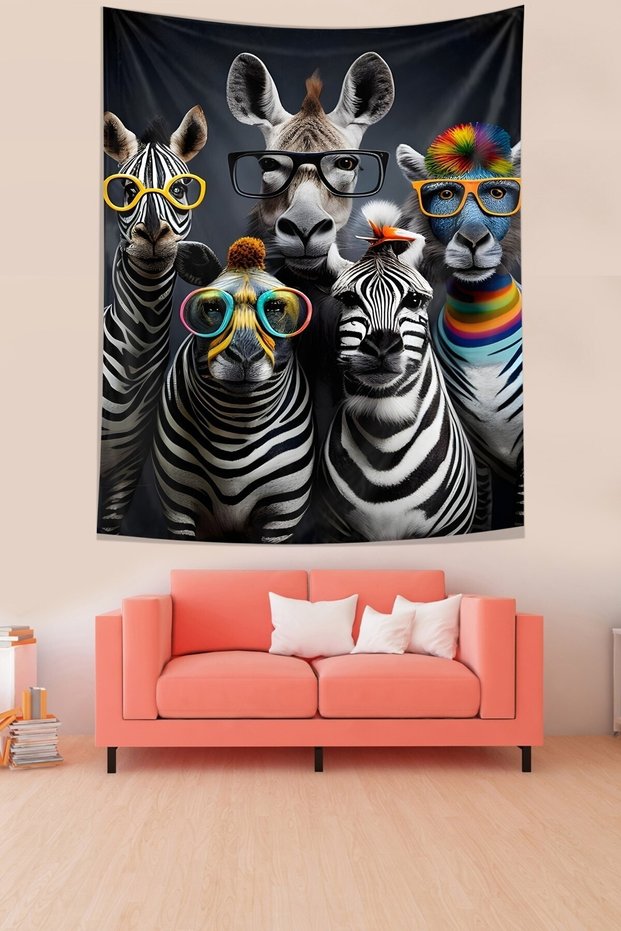 Zebra Horse Friends with Glasses Stain Resistant Fabric Wall Cloth Wall Carpet Tapestry