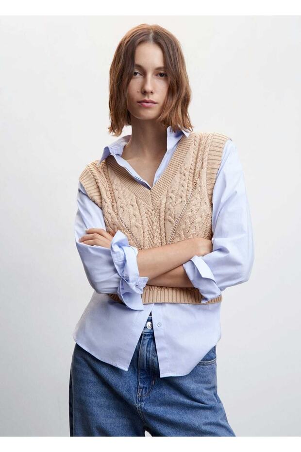 Örgü Desenli Triko Yelek - 1