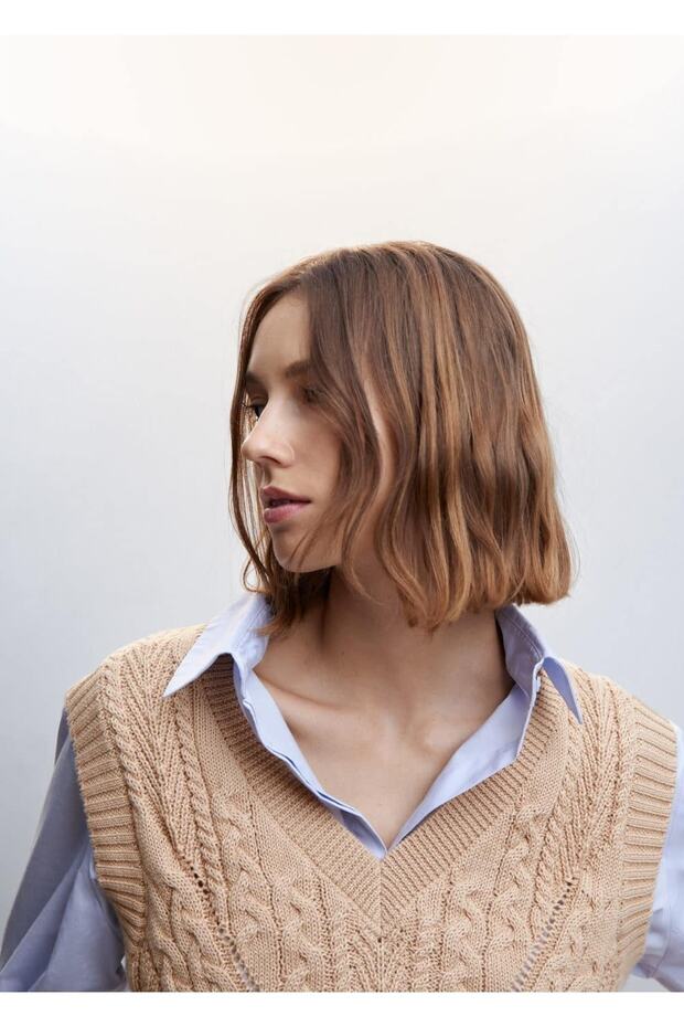 Örgü Desenli Triko Yelek - 7