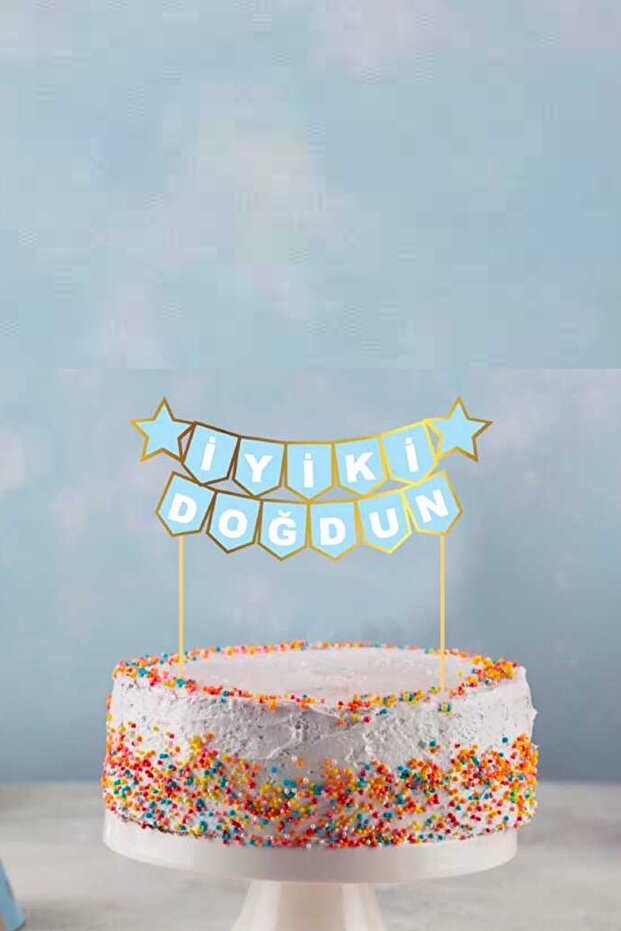 Toothpick on Cake Happy Birthday Blue Gold