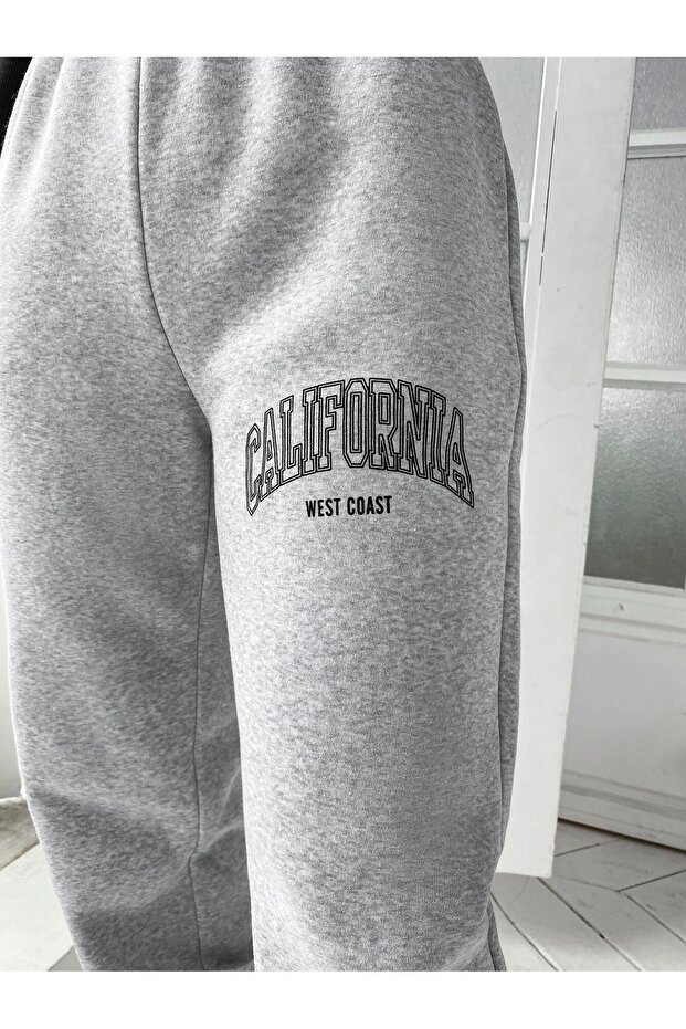 California Jogger Eşofman Altı - Gri Baskılı Lastik Paça Şardonlu Yüksek Bel - 4