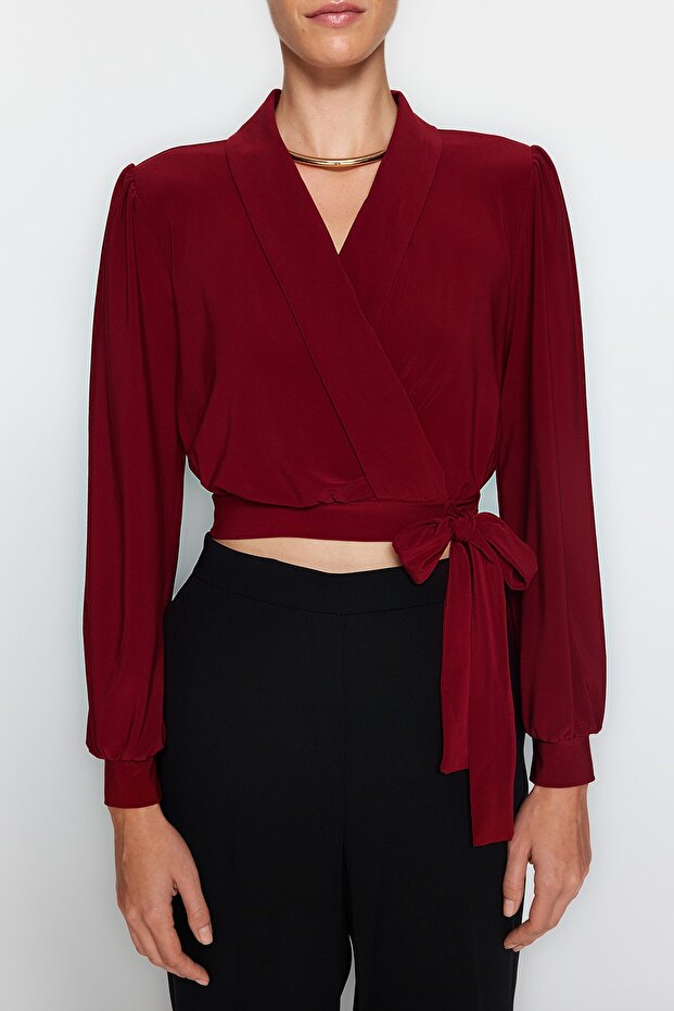 Bordo Kruvaze Kapamalı Crop Esnek Örme Bluz TWOAW24BZ00071 - 4