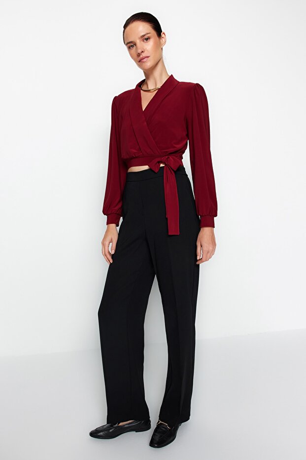 Bordo Kruvaze Kapamalı Crop Esnek Örme Bluz TWOAW24BZ00071 - 3