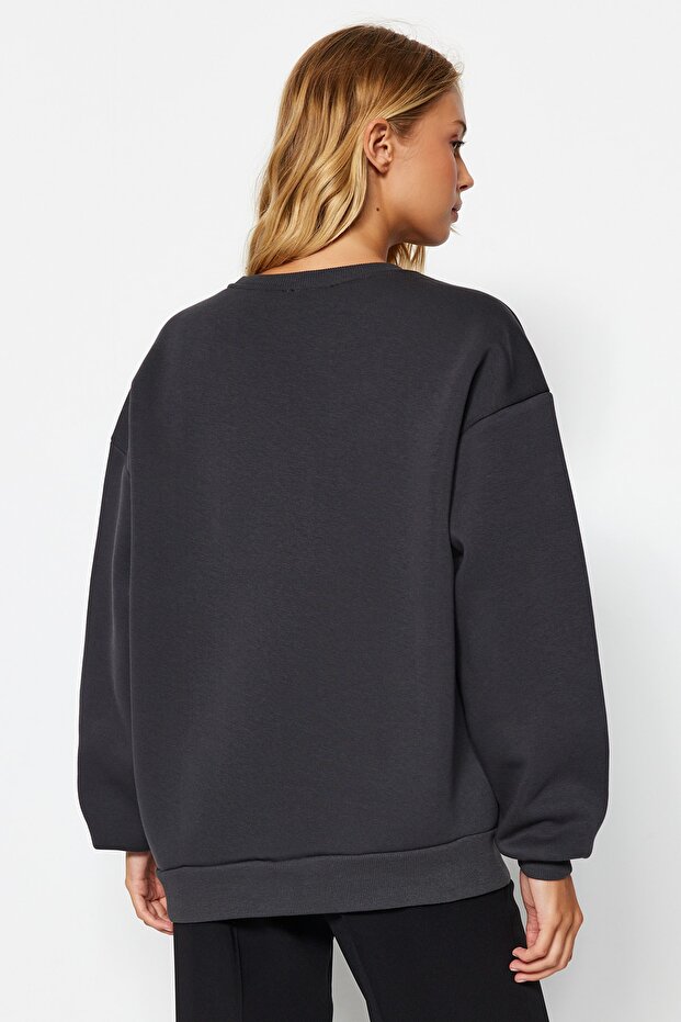 Antrasit Oversize/Rahat Kesim Basic Bisiklet Yaka Kalın/İçi polarlı Örme Sweatshirt TWOAW24SW00102 - 7