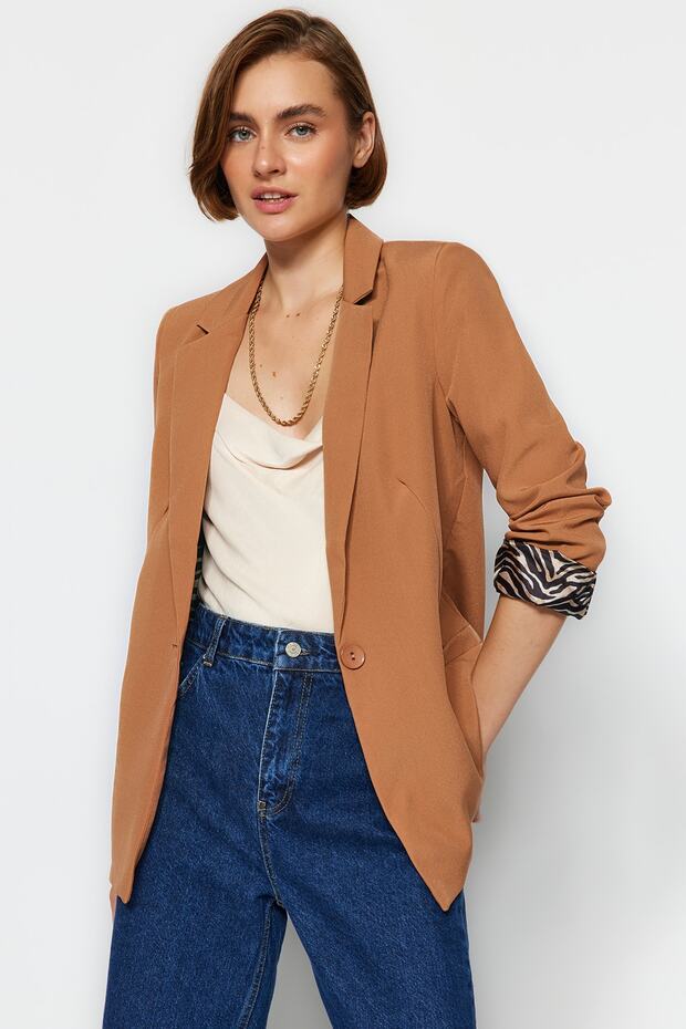 Camel Regular Astar Detaylı Dokuma Blazer Ceket TWOAW20CE0316 - 3