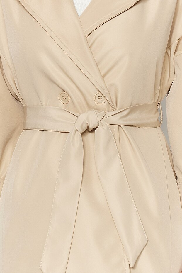 Bej Oversize Kuşaklı Su İtici Uzun Trençkot TWOAW24TR00019 - 5