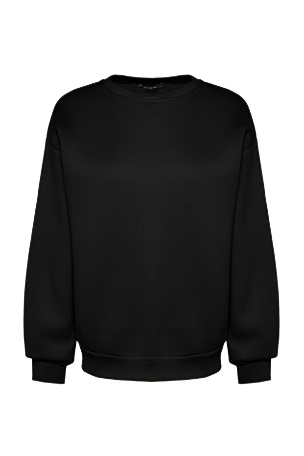 Siyah Oversize/Bol Kesim Bisiklet Yaka Kalın/İçi polarlı Örme Sweatshirt TWOAW24SW00102 - 6