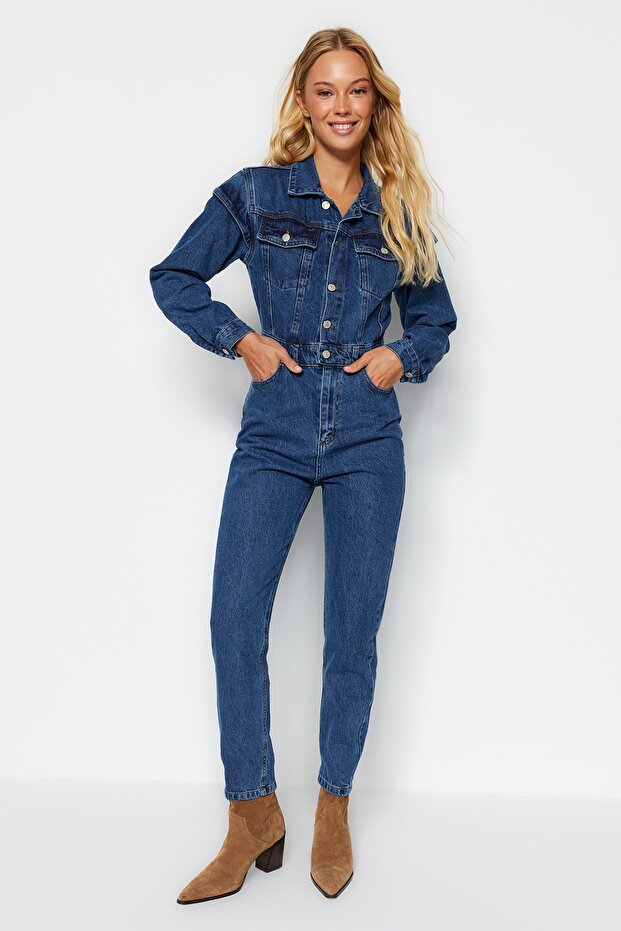 Indigo Dikiş Detaylı Denim Tulum TWOAW22TU0040 - 1