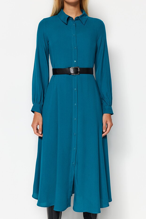 Benzínové páskové midi tkané košilové šaty TWOAW21EL1428 - 4