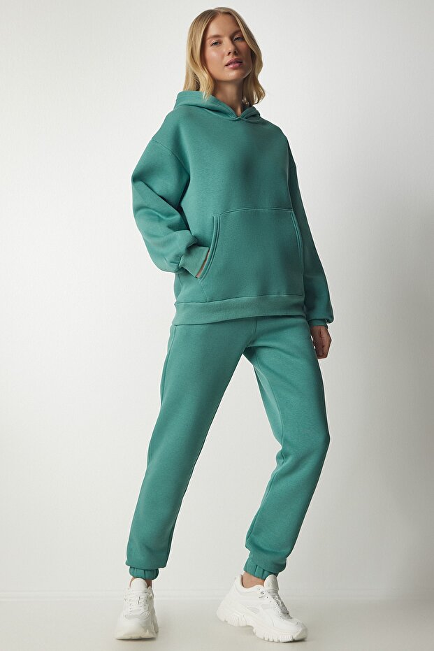 Women's Dark Green Hooded Ribbed Tracksuit Set DD00762 - 1