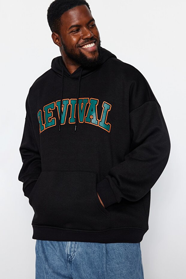 Černá unisex mikina s kapucí plus velikost oversize/široký střih fleece uvnitř Tmnaw24Ao00021 - 1