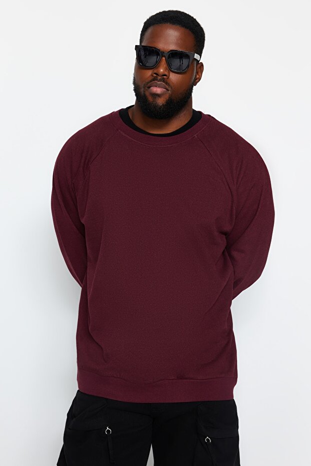 Bordo Büyük Beden Bisiklet Yaka Oversize/Geniş Kesim İçi Polar Sweatshirt TMNAW24AO00007 - 2