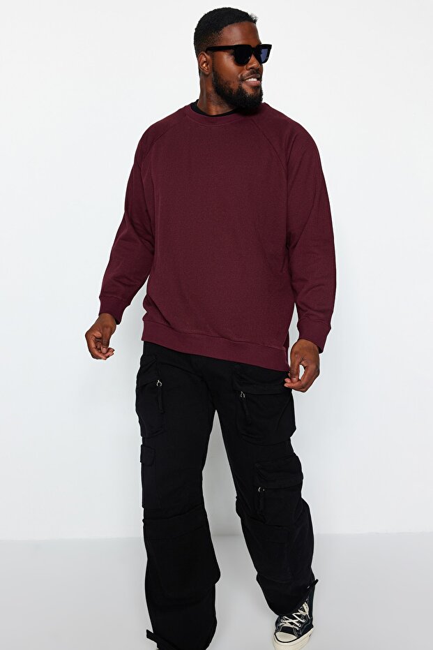 Bordo Büyük Beden Bisiklet Yaka Oversize/Geniş Kesim İçi Polar Sweatshirt TMNAW24AO00007 - 3