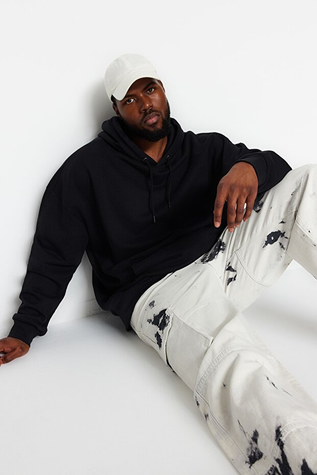 Siyah Büyük Beden apüşonlu Oversize/Geniş Kesim İçi Polar/Sıcak Tutan Sweatshirt TMNAW24AO00013 - 2