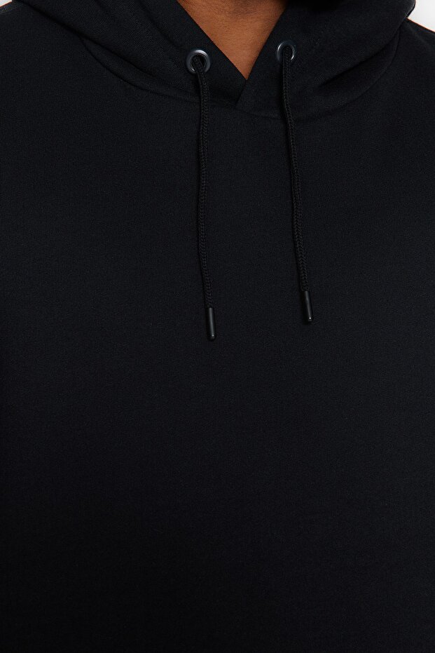 Siyah Büyük Beden apüşonlu Oversize/Geniş Kesim İçi Polar/Sıcak Tutan Sweatshirt TMNAW24AO00013 - 4