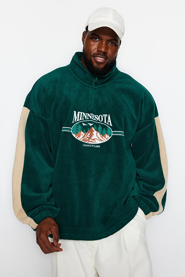 Unisex Emerald Green Oversize Fleece Sweatshirt - Embroidered, Anti-Pilling, Plus Size Tmnaw24Ao00023 - 3
