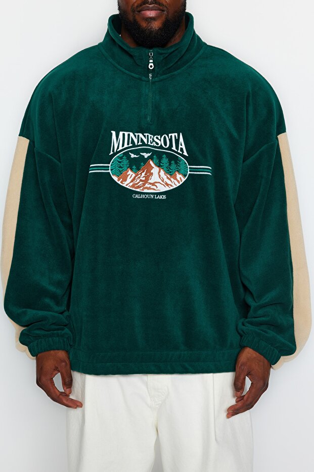 Unisex Emerald Green Oversize Fleece Sweatshirt - Embroidered, Anti-Pilling, Plus Size Tmnaw24Ao00023 - 4