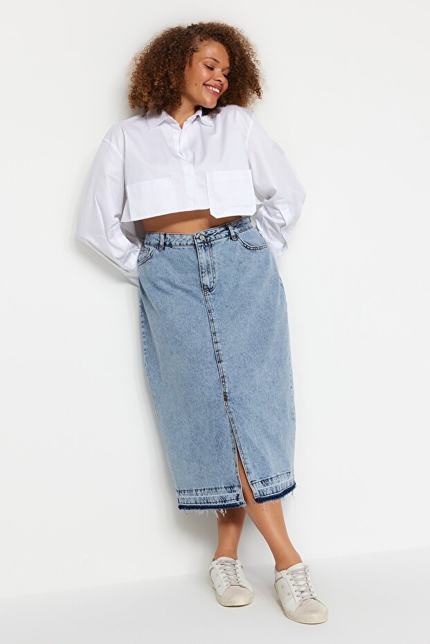 Mavi Ön Yırtmaçlı Midi Boy %100 Pamuk Non-Stretch Büyük Beden Denim Etek TBBSS23AZ00054 - 1