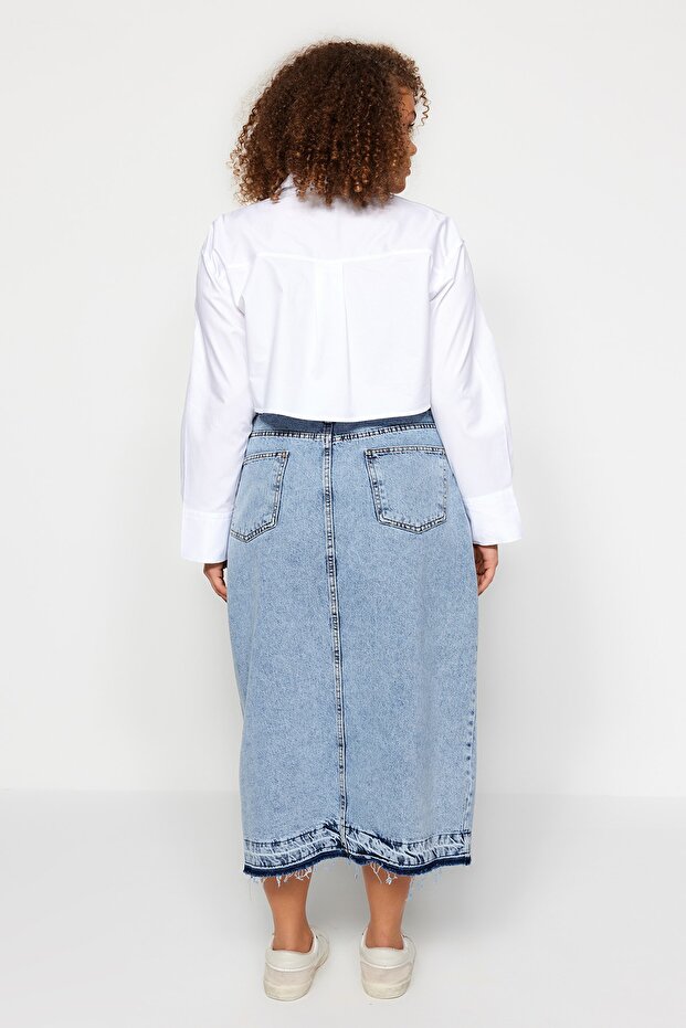 Mavi Ön Yırtmaçlı Midi Boy %100 Pamuk Non-Stretch Büyük Beden Denim Etek TBBSS23AZ00054 - 5