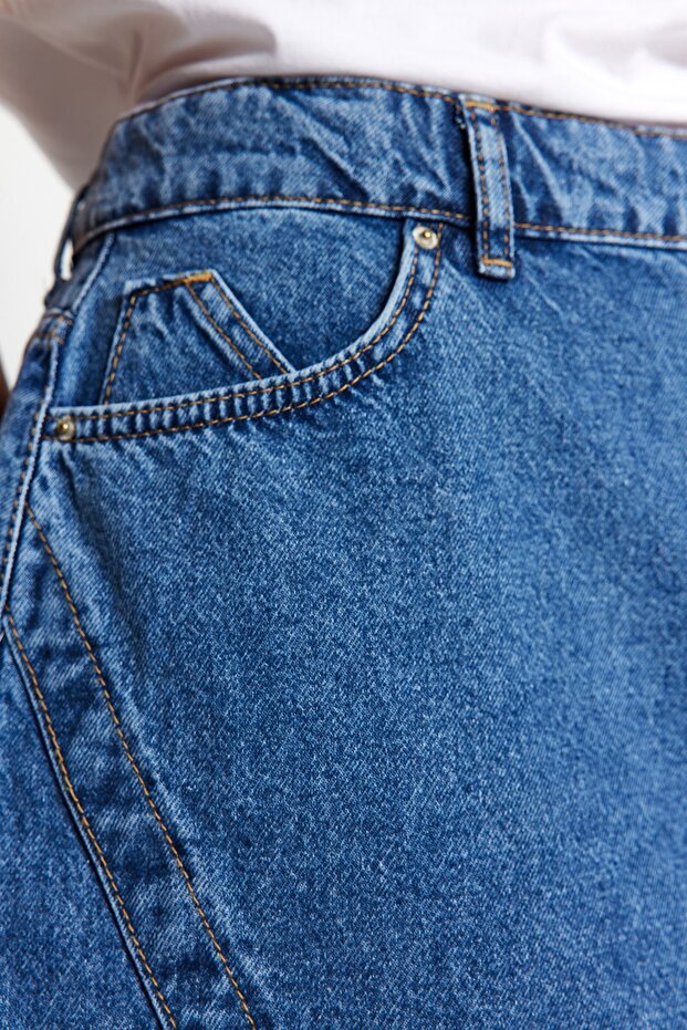 Mavi Çift Yırtmaçlı A line Comofrt/Orta Esnek BüyüK Beden Denim Etek TBBSS23AZ00056 - 4