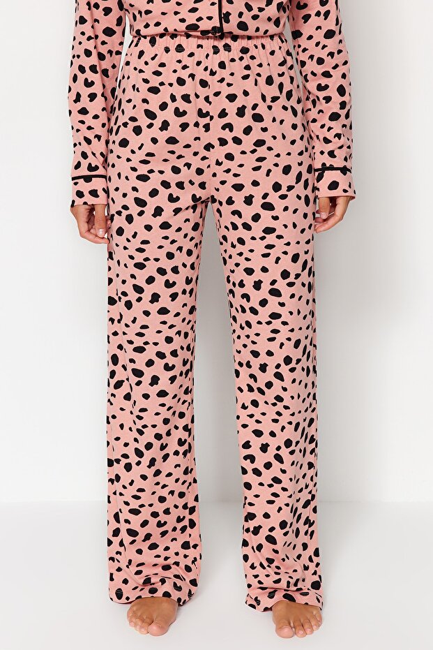 Pudra %100 Pamuklu Leopar Desenli Gömlek-Pantolon Örme Pijama Takımı THMAW21PT0489 - 6