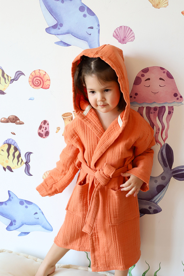 Muslin Baby Kids Bathrobe, 100% Cotton 4 Layers Orange