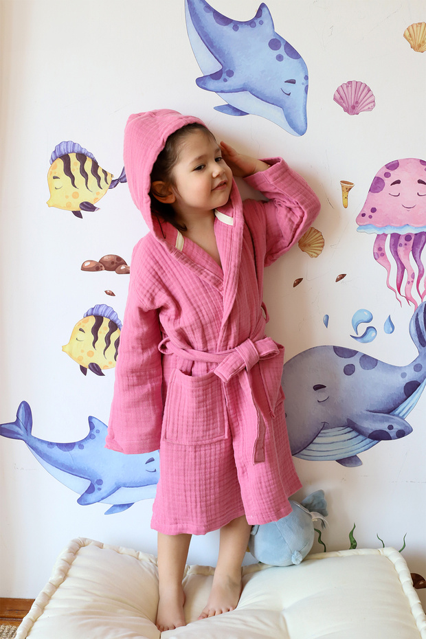 Muslin Baby Kids Bathrobe, 100% Cotton 4 Layers Pink