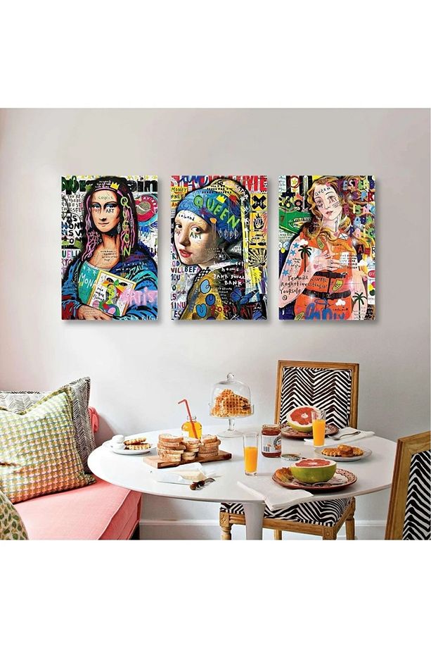Mona Lisa Inci Küpeli Kız Ve Venüsün Doğuşu Grafiti Sokak Sanatı 3 Lü Set Kanvas Tablo AR030186 - 1