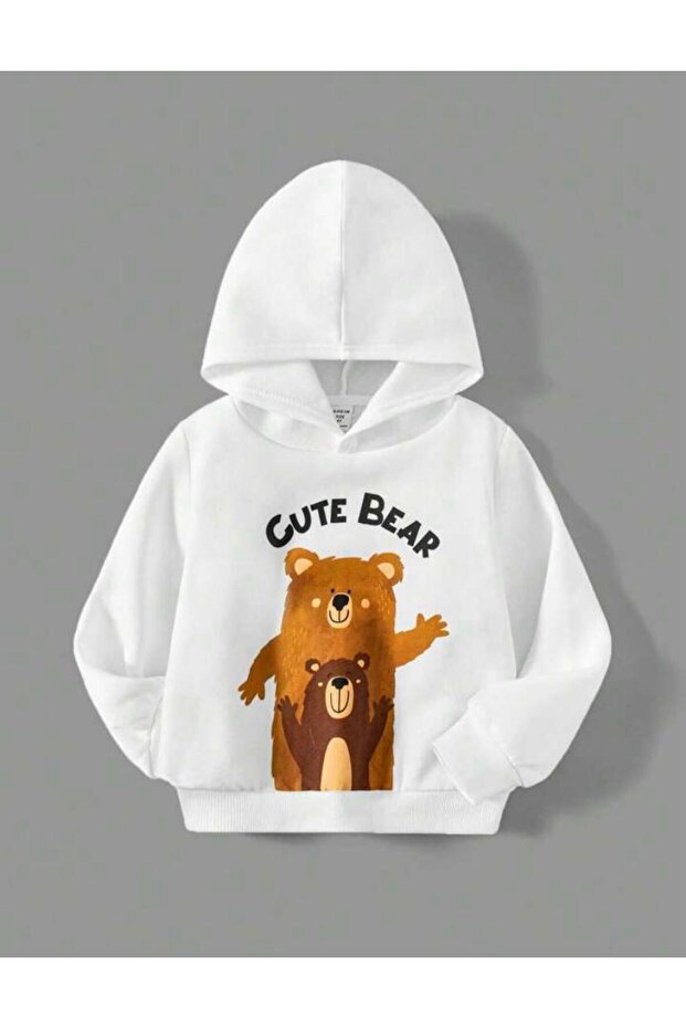 Kids Hooded White Friend Bears Printed Sweatshirt
