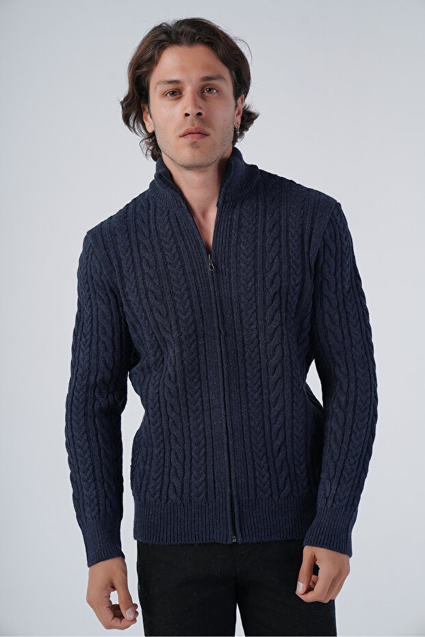 Navy Blue Men's Hair Braided Execution Zippered Stand Collar Knitwear Wool Cardigan