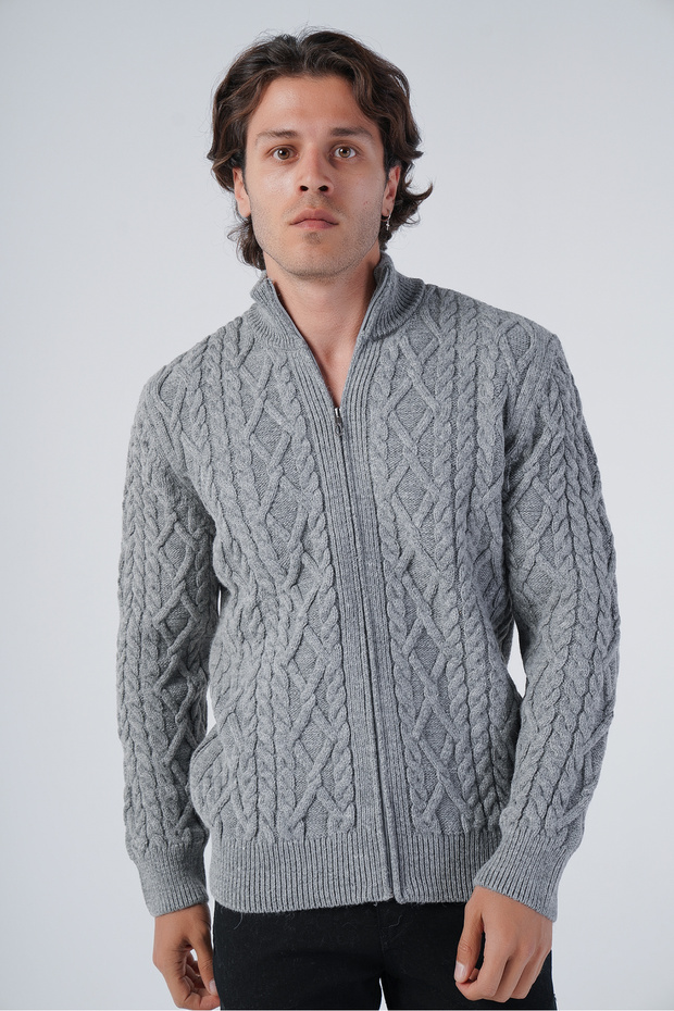 Gray Men's Back Ribbed Stand Collar Zippered Knitwear Wool Cardigan Trıst-5299