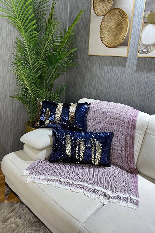 غطاء وسادة مستطيل الشكل ذو وجهين مزين بالترتر - أزرق داكن وذهبي - 2