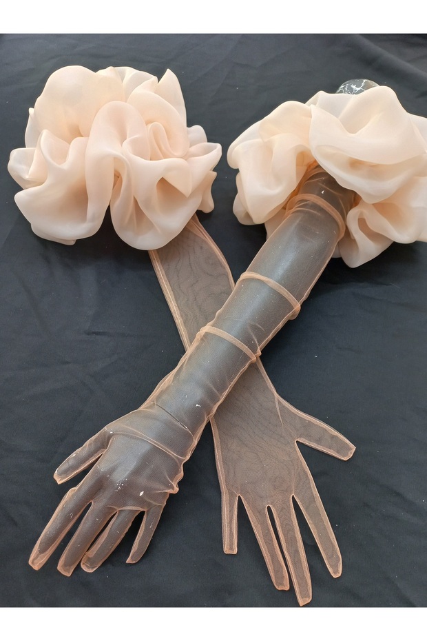 Gemma organza ruffle party gloves long salmon