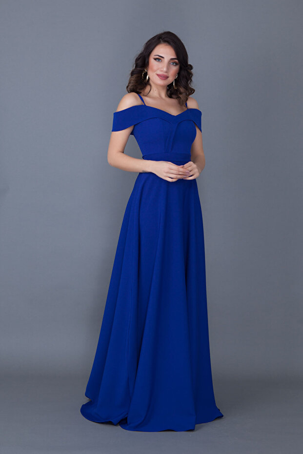 Sax Blue Maxi Length Shoulder Detailed Strappy Flared Model Dress