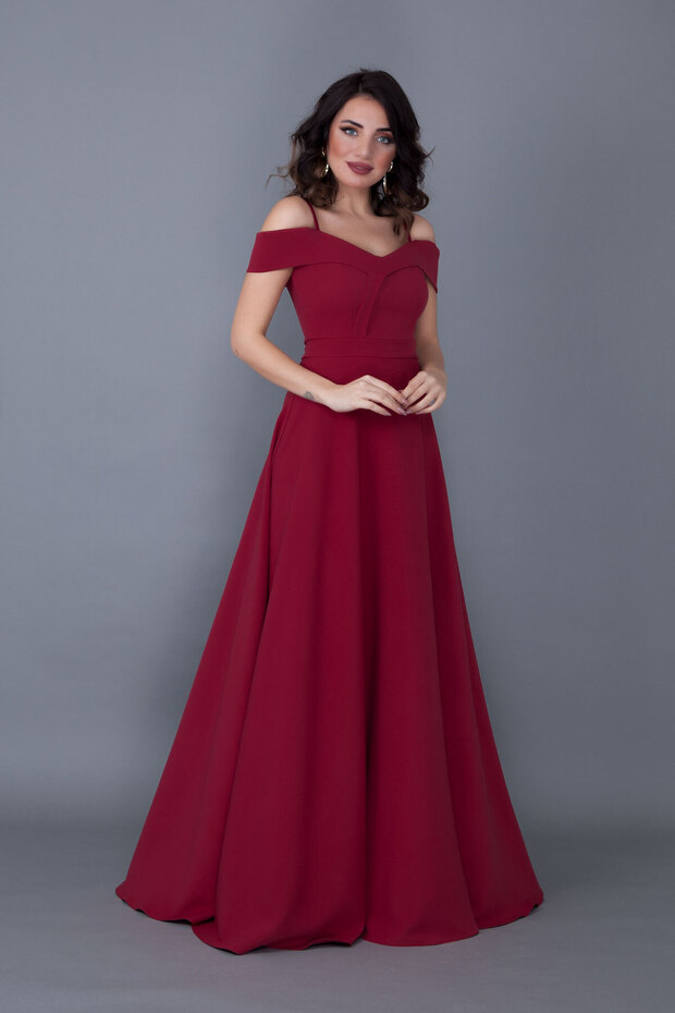 Burgundy Maxi Length Shoulder Detail Strappy Flared Dress