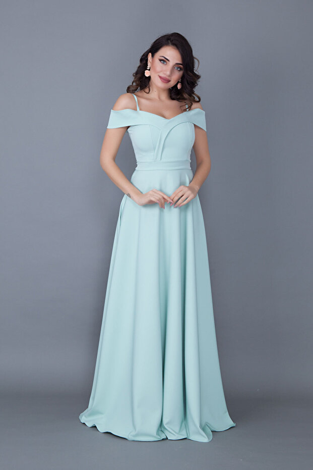 Mint Green Maxi Length Shoulder Detailed Strappy Flared Model Dress