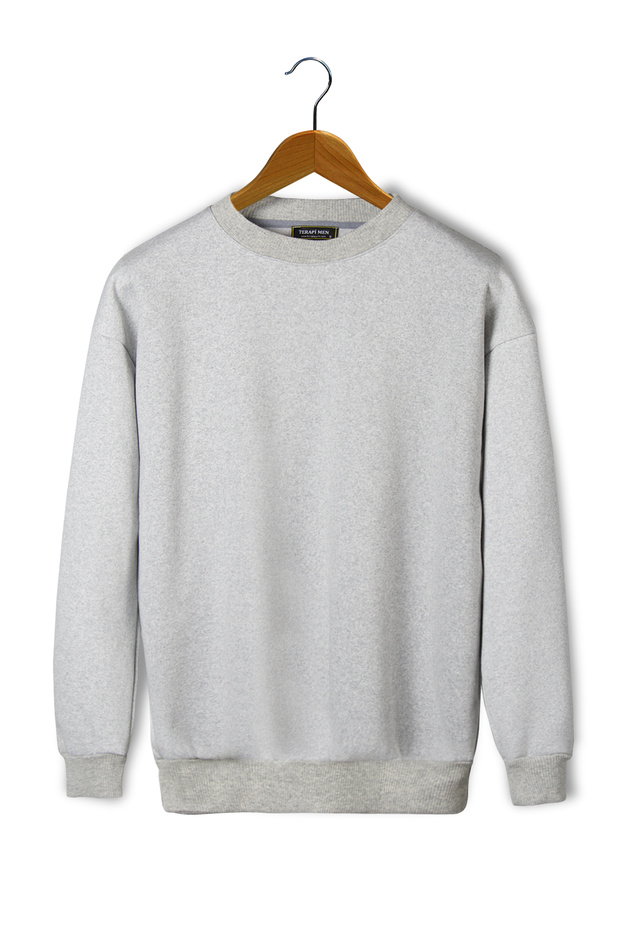 Unisex Gri Oversize Kalın Üç İplik Şardonlu Bisiklet Yaka Basic Sweatshirt - 1