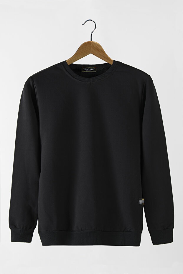 Men's Black Crew Neck Basic Plain Sweatshirt - 1