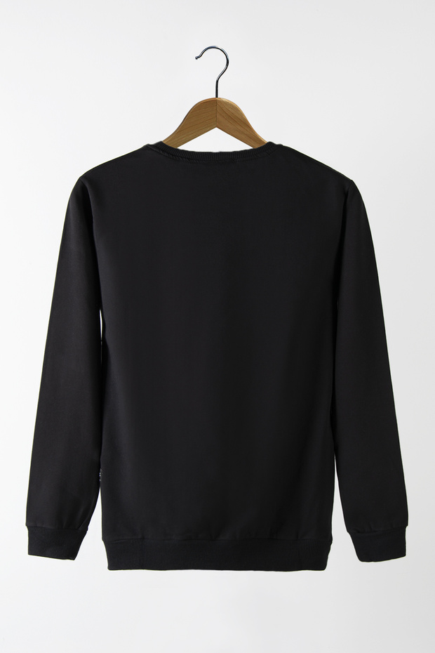 Men's Black Crew Neck Basic Plain Sweatshirt - 3