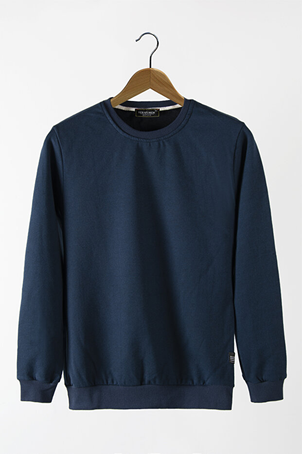 Erkek Lacivert Bisiklet Yaka Basic Düz Sweatshirt - 1